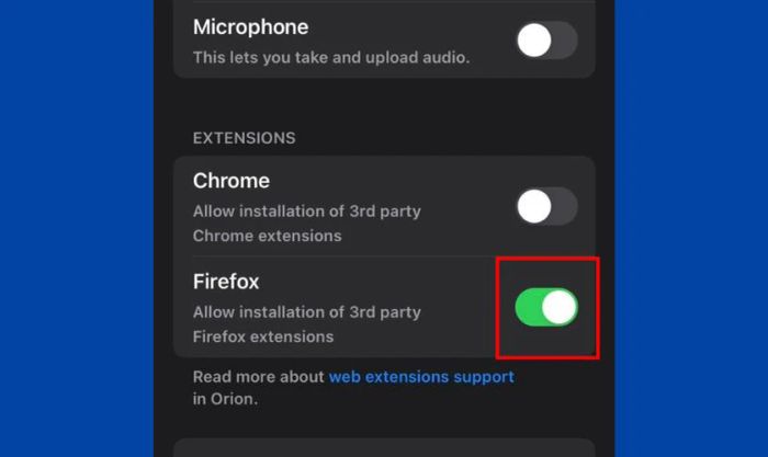 Sau đó, bạn hãy tìm và bật công tắc chuyển sang màu xanh lá tại mục Firefox.