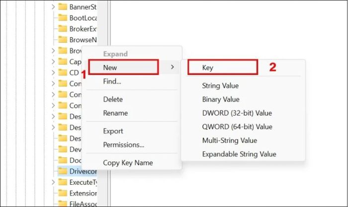 Nhấp chuột phải vào khóa DriveIcons ở cột bên trái, chọn New, sau đó chọn Key