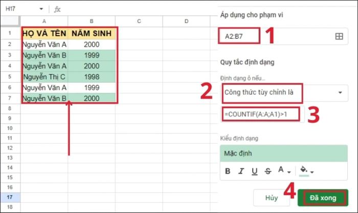 Thực hiện các điều chỉnh cho bảng dữ liệu tại các mục