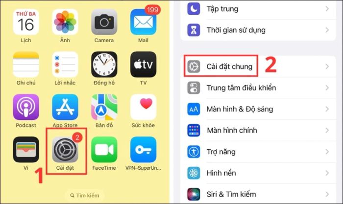 Truy cập mục Cài đặt, kéo xuống và chọn Cài đặt chung