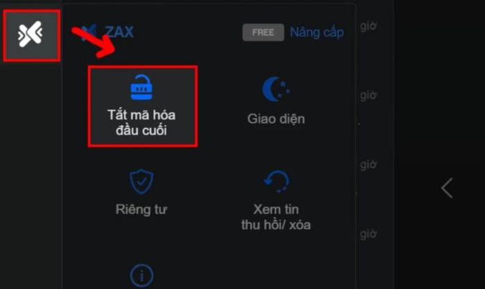 Tiếp theo, bạn hãy nhấn vào biểu tượng Zax và chọn Tắt mã hóa đầu cuối.