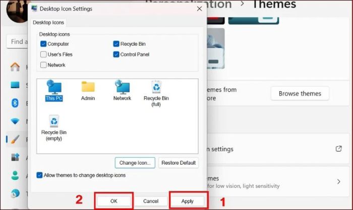 Trở lại cửa sổ Desktop Icon Settings, nhấn Apply rồi chọn OK