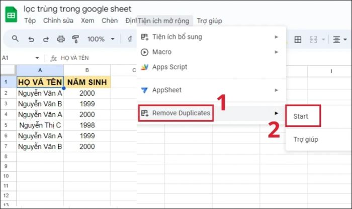 Chọn Remove Duplicates và nhấn Start để bắt đầu quá trình lọc dữ liệu trùng lặp