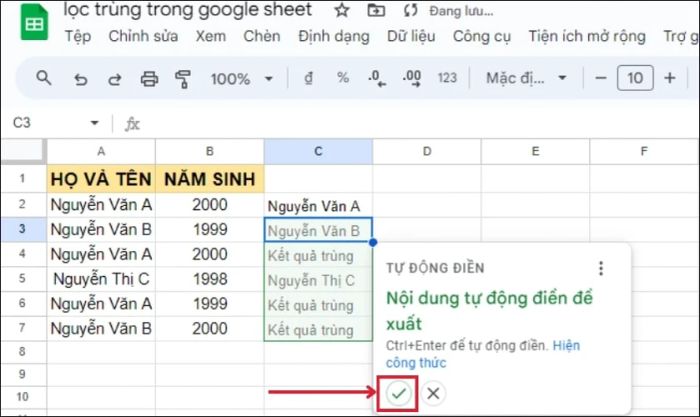 Nhấn Enter và kéo công thức xuống toàn bộ cột dữ liệu.