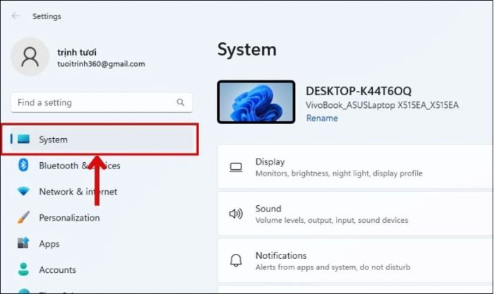 Nhấn chọn mục System trên máy tính