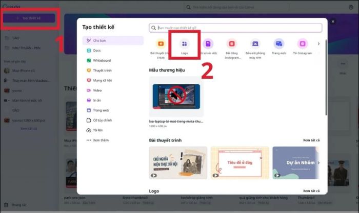 Chọn tạo thiết kế và tiếp tục chọn mục Logo