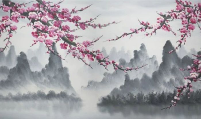 Hình nền hoa đào ngày Tết phong cách tranh vẽ