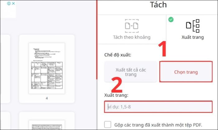 Chọn trang cụ thể để tách và xuất file PDF