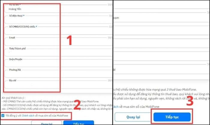 Điền các thông tin mà website yêu cầu