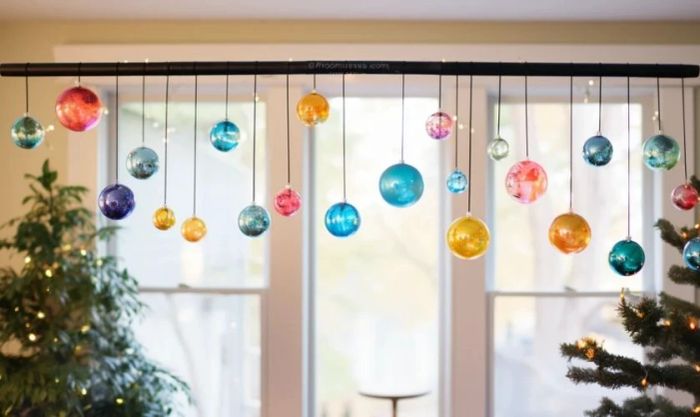 Trang trí cửa sổ Giáng Sinh với quả châu đầy màu sắc