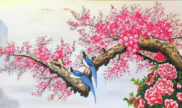 Hình nền hoa đào ngày Tết phong cách tranh vẽ tinh tế