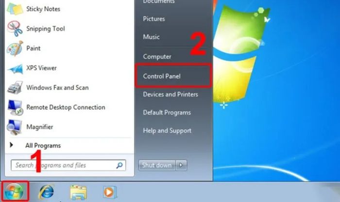 Truy cập Menu Start và chọn Control Panel