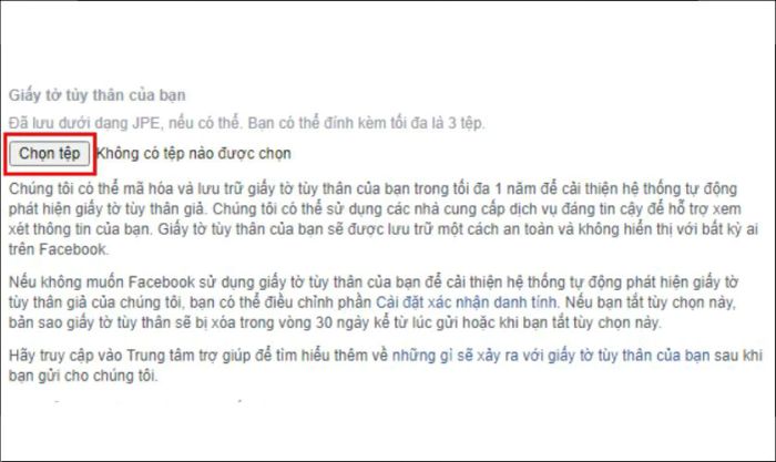 Nhấn vào Chọn tệp trong mục Giấy tờ tùy thân