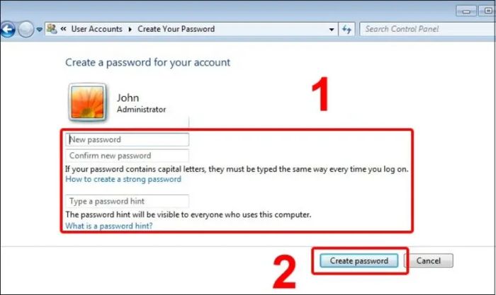 Thực hiện thiết lập mật khẩu cho máy tính Windows 7