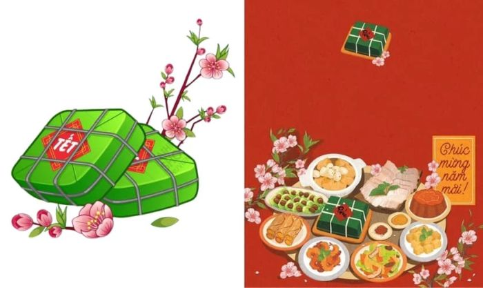 Hình nền hoa đào ngày Tết kết hợp cùng bánh chưng