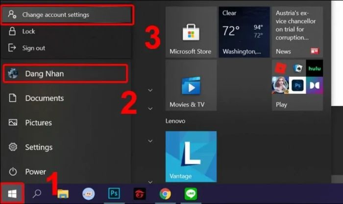 Truy cập Menu Start và chọn Change Account Settings
