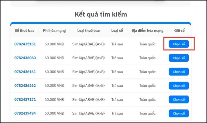 Nhấn vào nút Chọn số