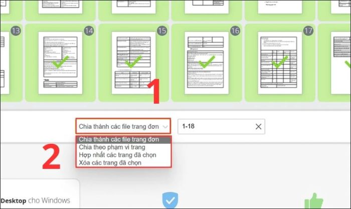 Nhấn vào khung và chọn một trong 4 tùy chọn để tách file PDF