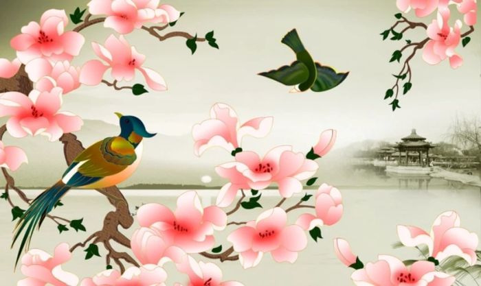 Hình nền hoa đào ngày Tết dạng tranh vẽ tuyệt đẹp