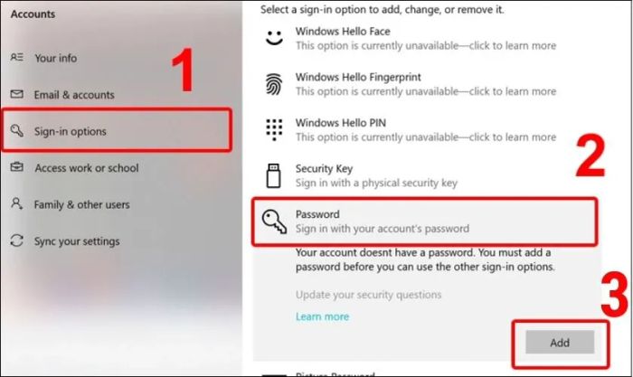 Nhấp vào tab Sign-in options và chọn mục Password