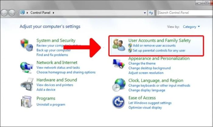 Chọn vào phần User Accounts and Family Safety