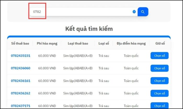 Nhập 0782 vào ô tìm kiếm