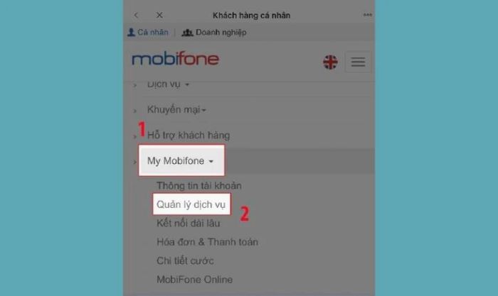 Truy cập mục Quản Lý Dịch Vụ trong My MobiFone để kiểm tra thông tin dung lượng