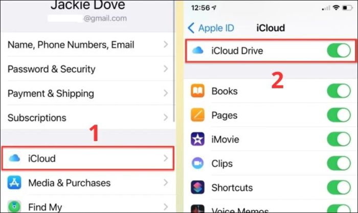 Nhấn vào iCloud và kích hoạt tính năng bằng cách gạt công tắc sang phải tại mục iCloud Drive