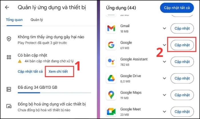 Bạn tìm Google Chrome và nhấn vào Cập nhật