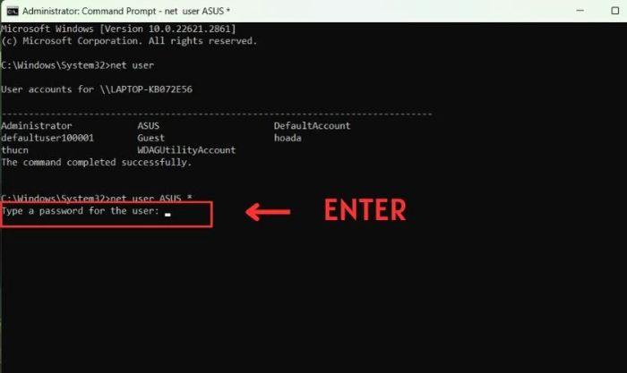 Mật khẩu mới được thiết lập thành công bằng Command Prompt