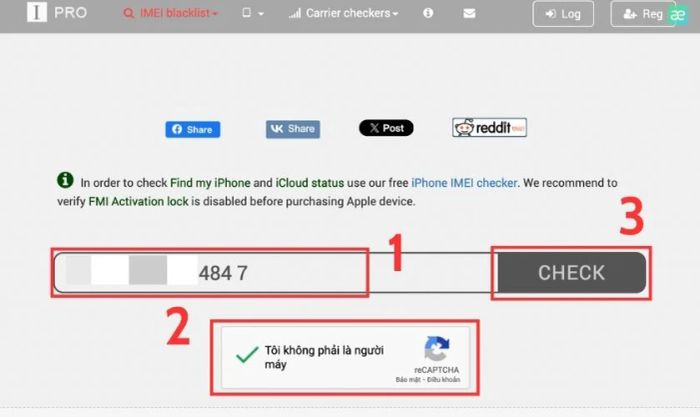 Nhập số iMei và xác nhận bạn không phải là robot