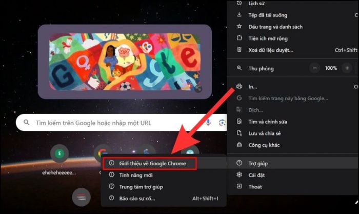 Nhấn vào mục Giới thiệu về Google Chrome ở bên cạnh