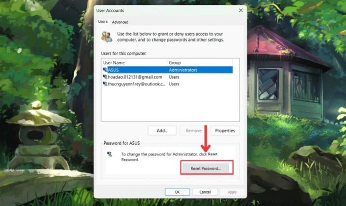 Mở hộp thoại User Account để thay đổi mật khẩu cho máy tính