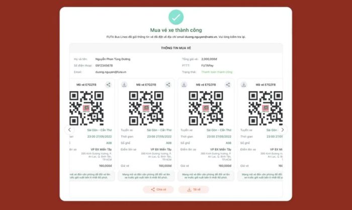 Nhận vé trực tuyến khi đặt vé qua ứng dụng