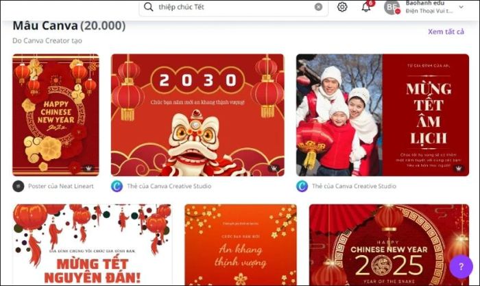 Canva sẽ hiển thị nhiều mẫu thiệp đẹp mắt để bạn thoải mái lựa chọn
