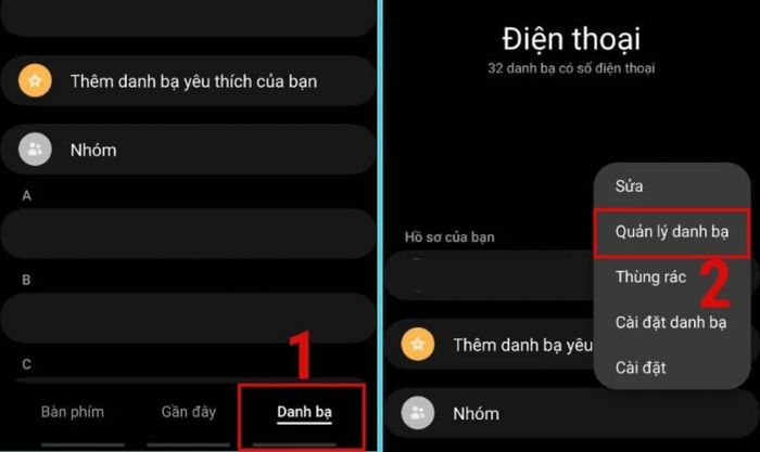 Chọn mục Quản lý danh bạ trên điện thoại Android