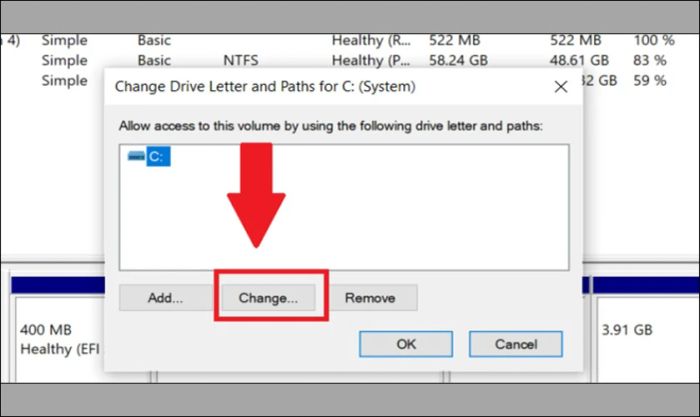 Nhấp vào ô Change để tiếp tục thay đổi tên ổ cứng