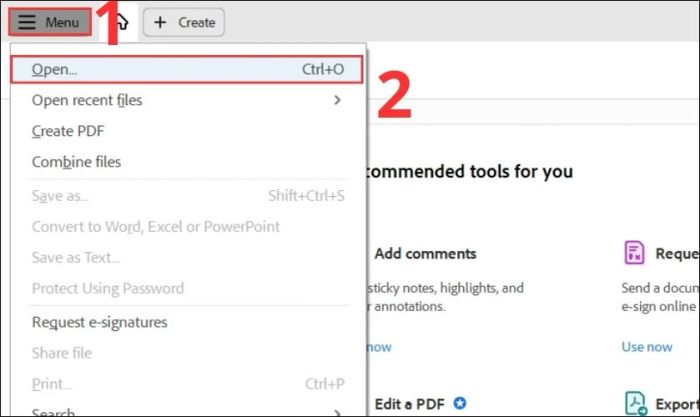 Nhấp vào Menu và chọn Open để mở file PDF cần chèn