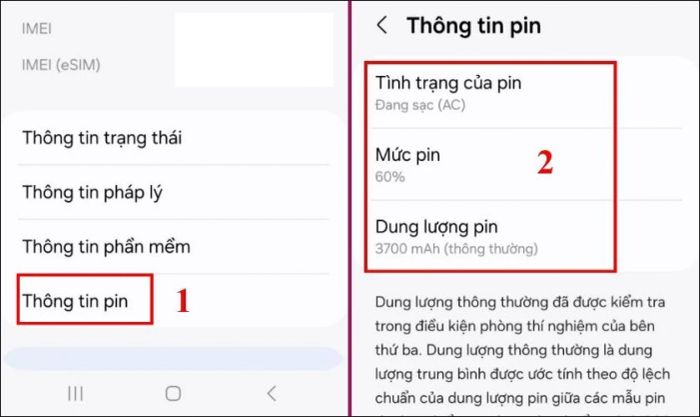 Chọn mục Thông tin pin để xem chi tiết tình trạng pin của điện thoại