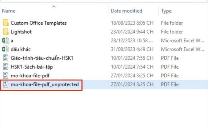 File đã được mở khóa sẽ có đuôi _unprotected như trong hình ảnh sau.