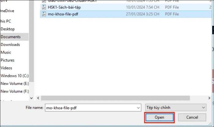 Chọn file PDF, nhấn Open và đợi cho đến khi file tải xong.