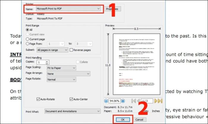 Chọn Microsoft Print PDF và nhấn OK