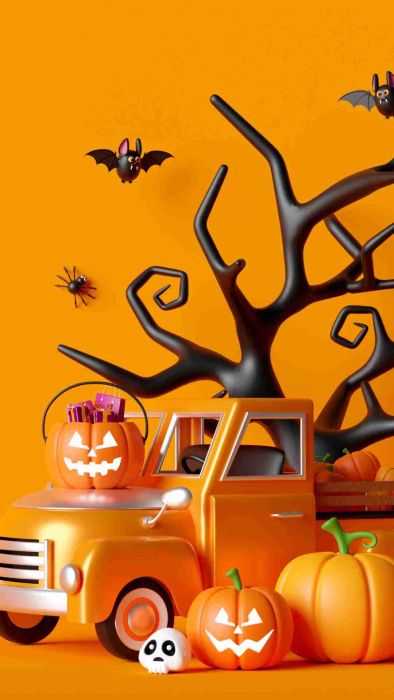 Hình nền Halloween cho điện thoại tông cam với xe hơi