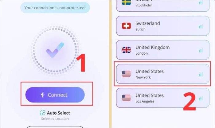 Tại mục Chọn Server, chọn United State và nhấn Connect