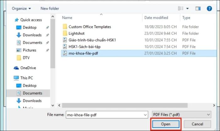 Chọn file PDF bị khóa và nhấn vào Open
