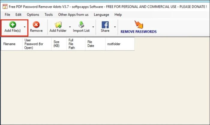 Mở khóa file PDF không cho chỉnh sửa hoặc in ấn bằng cách nhấn vào Add File