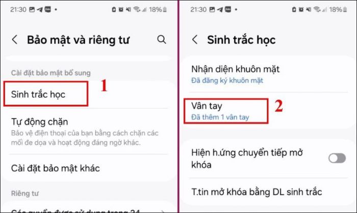 Chọn Sinh trắc học và tiếp tục nhấn vào Vân tay