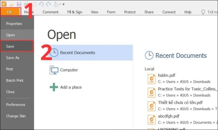 Vào thẻ File và nhấn Save để lưu tài liệu PDF cùng chữ ký