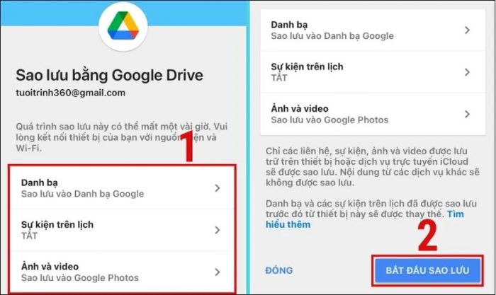 Chọn Danh bạ, Sự kiện lịch hoặc Ảnh và video để sao lưu và bật tính năng sao lưu