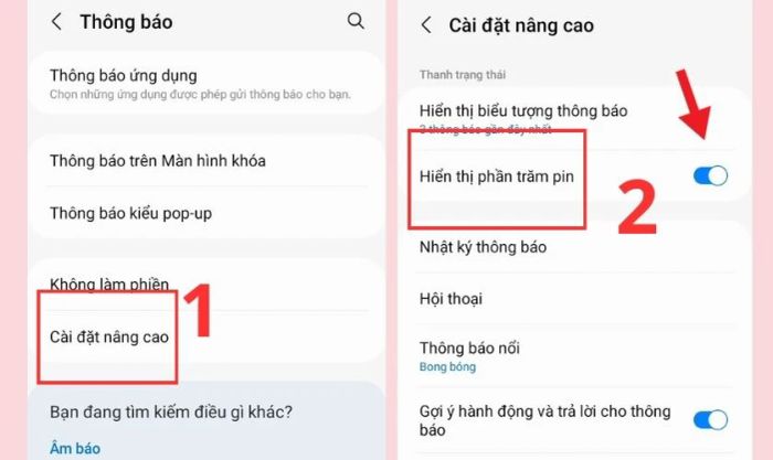 Chọn mục Cài đặt nâng cao, sau đó kích hoạt hiển thị phần trăm pin